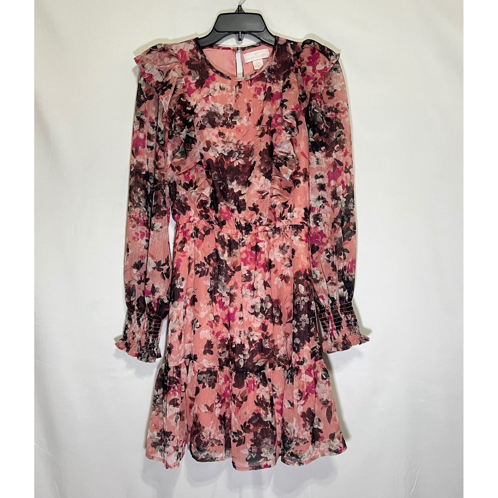 Rachel Parcell Pink Mini Dress Size 0 Floral Ruffle Long Sleeve Chiffon Coquette